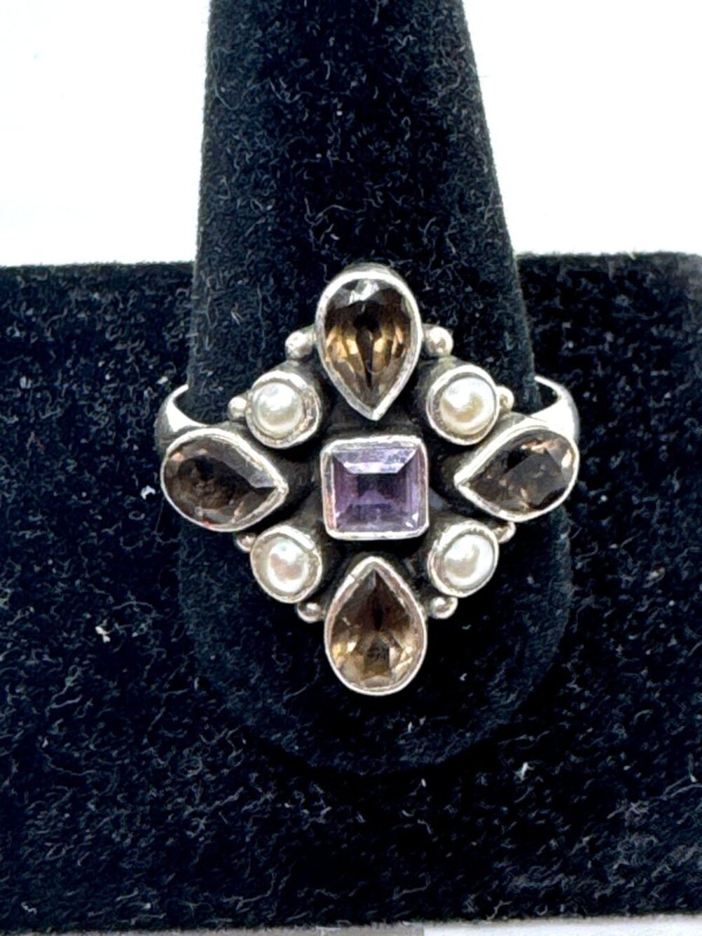 Nicky Butler Vintage 925 Sterling Silver Amethyst Smoky Quartz Pearl Ring Sz 10